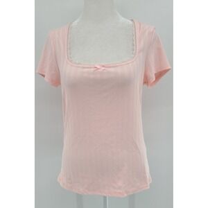 Coquette Milkmaid Pink Lace Women Shirt Size Large Soft Girl Fairy Ribbon Bow